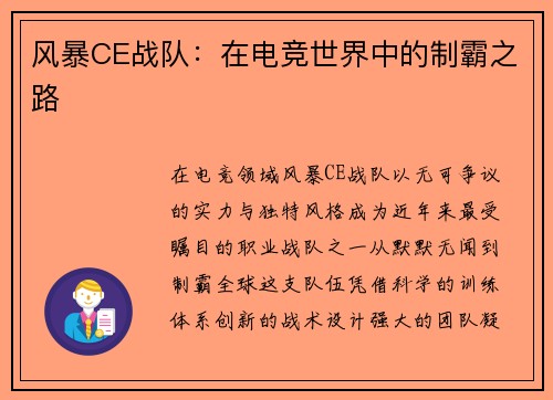 风暴CE战队：在电竞世界中的制霸之路